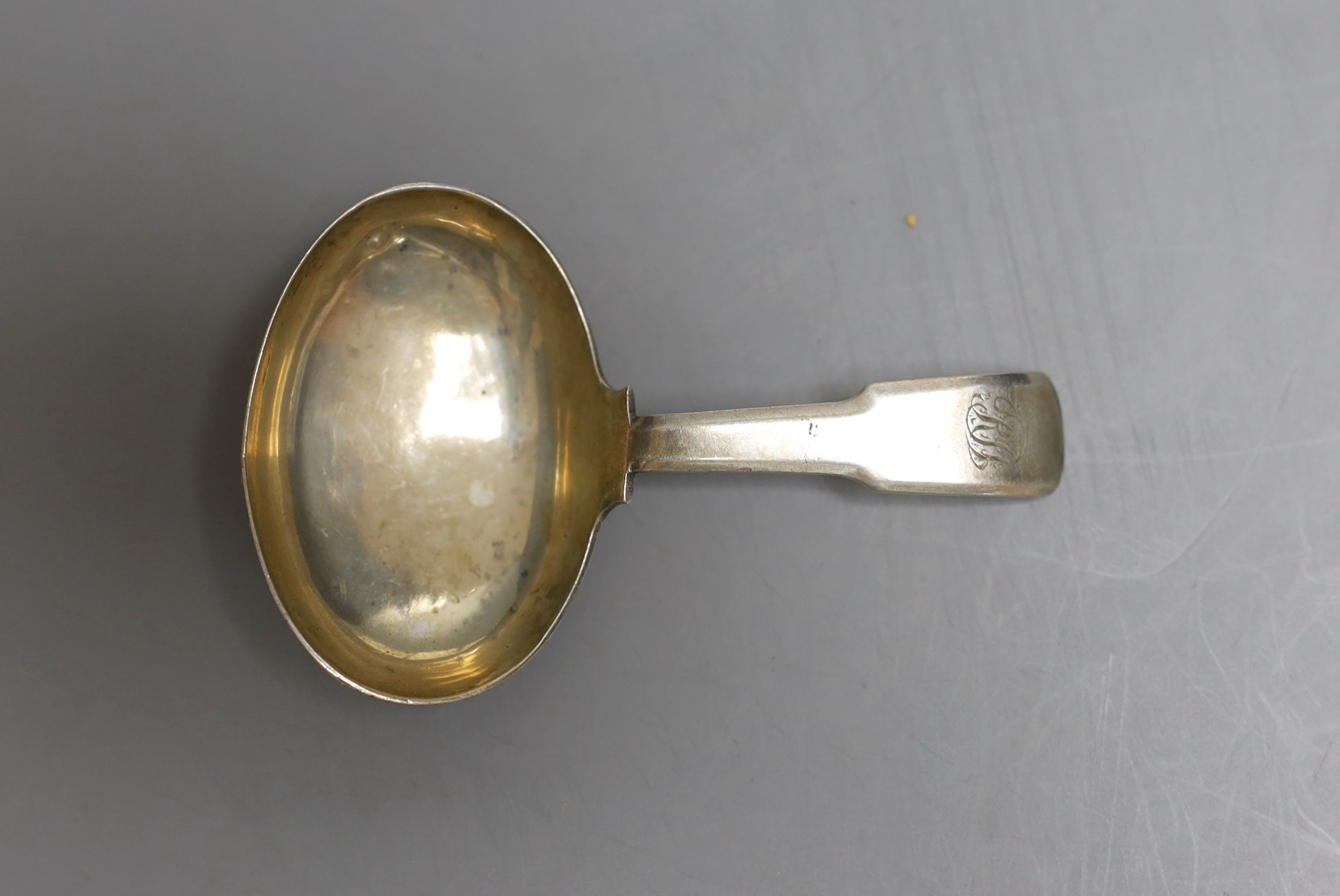 Two cased sets of six silver teaspoons including Art Deco and a cased set of Scandinavian gilt white metal and enamel coffee spoons(a.f.0, a silver sugar caster, pair of silver tongs and a Georgian silver caddy spoon.